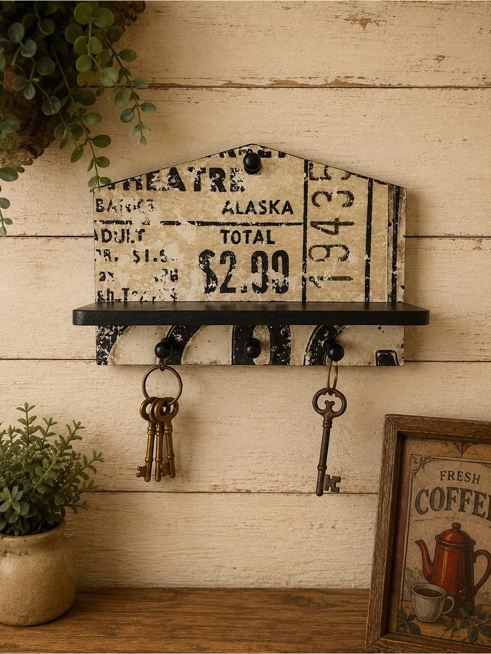 Vintage Ticket Print Key Rack with Black Shelf - Rustic Home Wall Decor